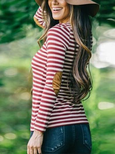 Romwe Striped Elbow Patch Red White T-shirt