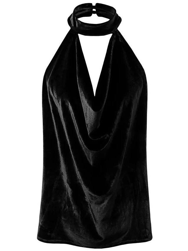 Romwe Black Halter Sleeveless Velvet Top