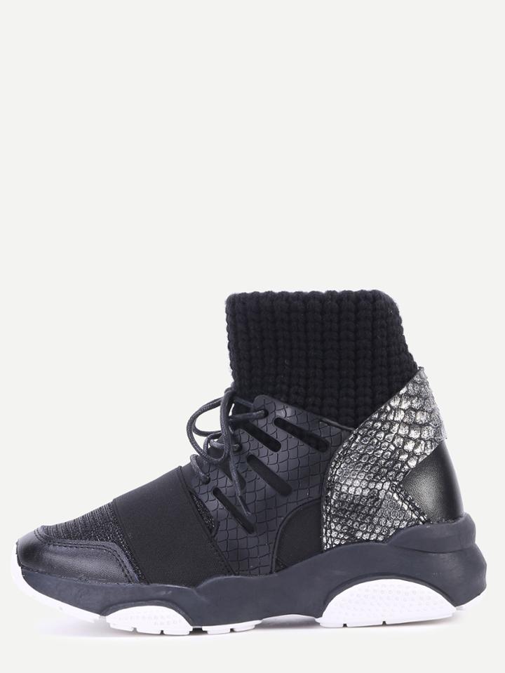 Romwe Black Embossed Lace Up Knit Ankle Cuff Sneakers