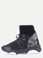 Romwe Black Embossed Lace Up Knit Ankle Cuff Sneakers