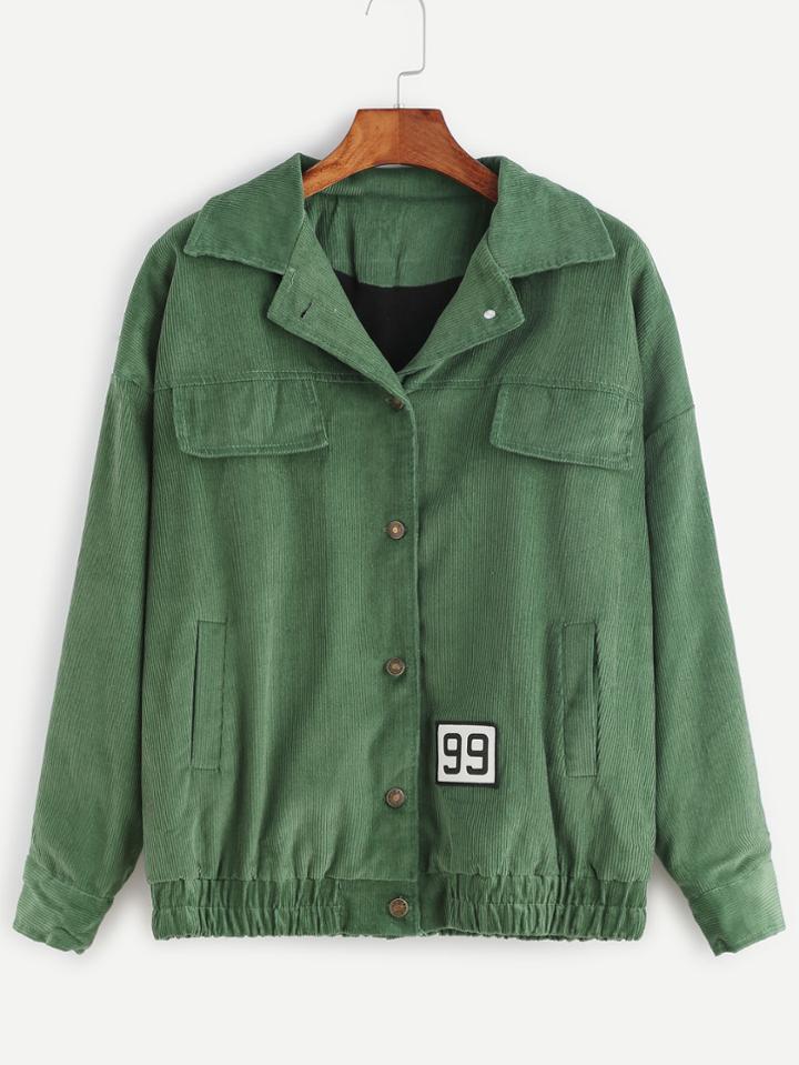 Romwe Green Corduroy Dropped Shoulder Seam Patch Jacket