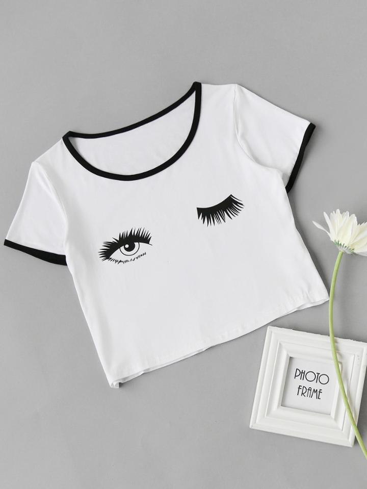 Romwe Eyes Print Ringer Crop Tee