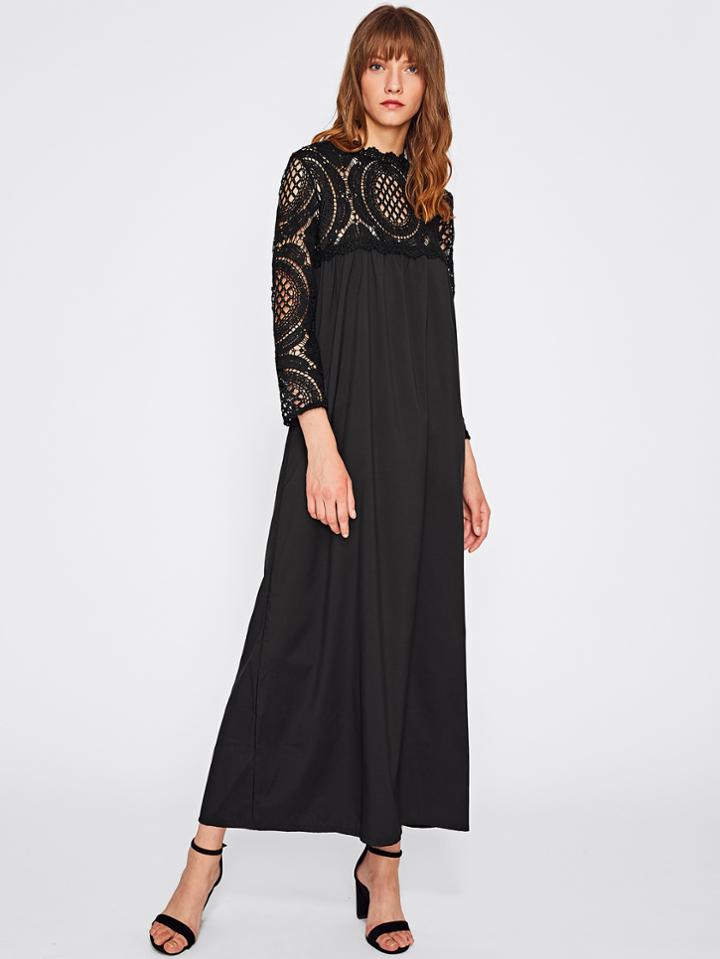 Romwe Lace Crochet Yoke And Sleeve Zipper Back Dress
