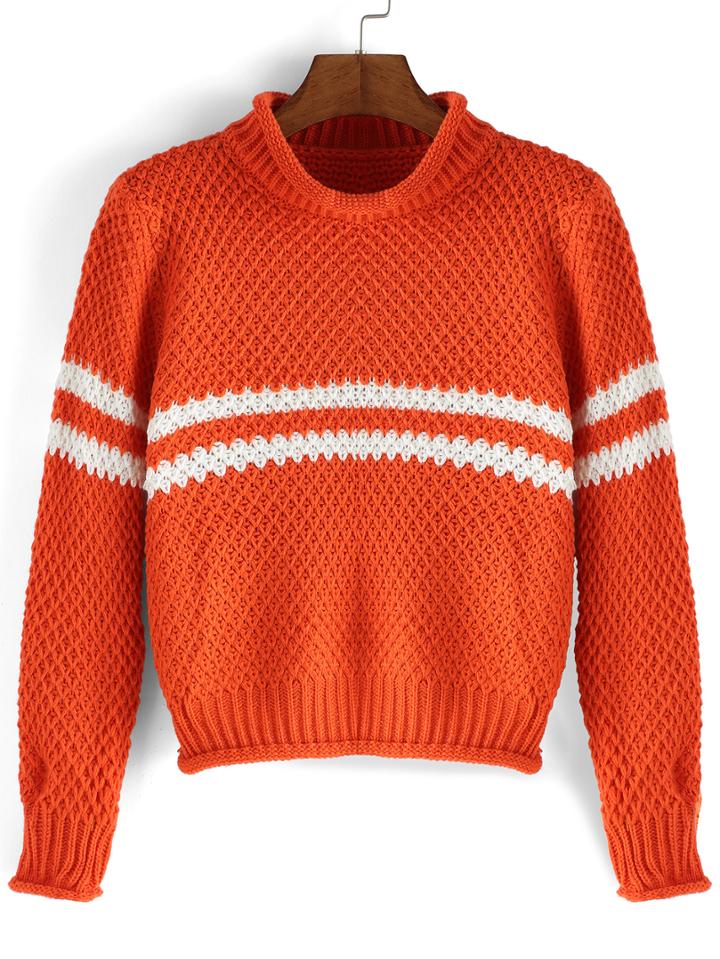 Romwe High Neck Striped Orange Sweater