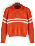 Romwe High Neck Striped Orange Sweater