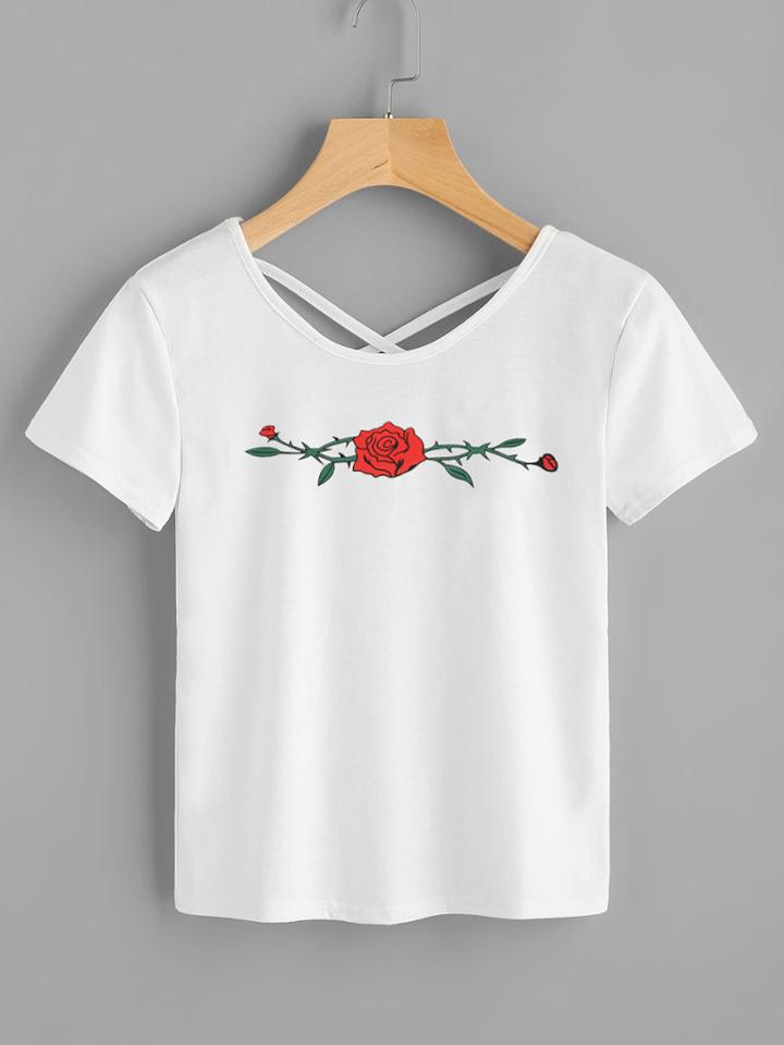 Romwe Rose Print Criss Cross Back Tee