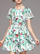 Romwe Green Crew Neck Floral A-line Dress