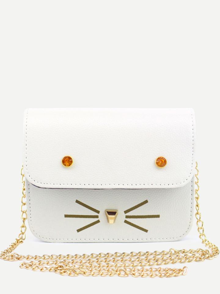 Romwe White Cat Design Pu Flap Chain Bag