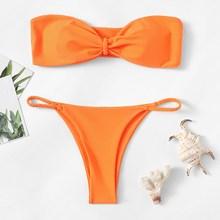 Romwe Braided Detail Bandeau With Low Rise Bikini Set