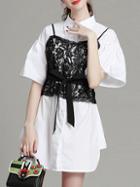 Romwe White Lapel Contrast Lace Tie-waist Dress