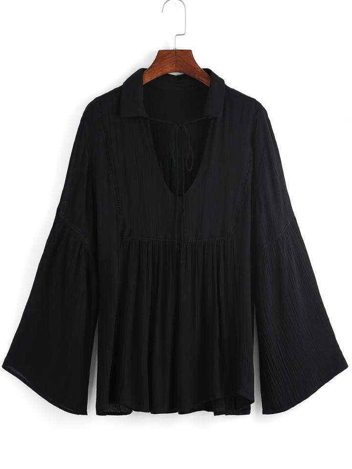 Romwe V Neck Bell Sleeve Loose Black Blouse