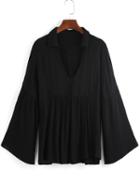 Romwe V Neck Bell Sleeve Loose Black Blouse
