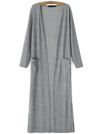 Romwe Grey Long Sleeve Pockets Casual Cardigan