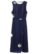 Romwe Navy Split Front Backless Flowers Print Midi Dress