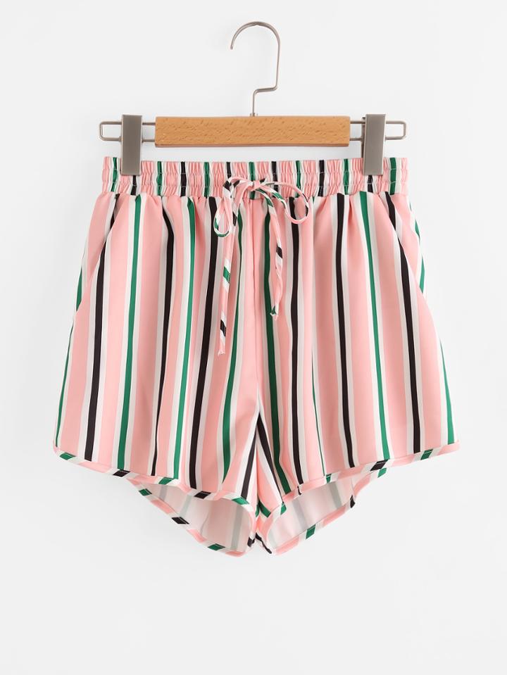 Romwe Pocket Side Drawstring Waist Striped Shorts