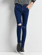 Romwe Women Blue Denim Destressed Slim Leg Jeans