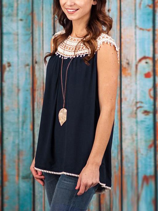 Romwe Crochet Insert Chiffon Top - Blue