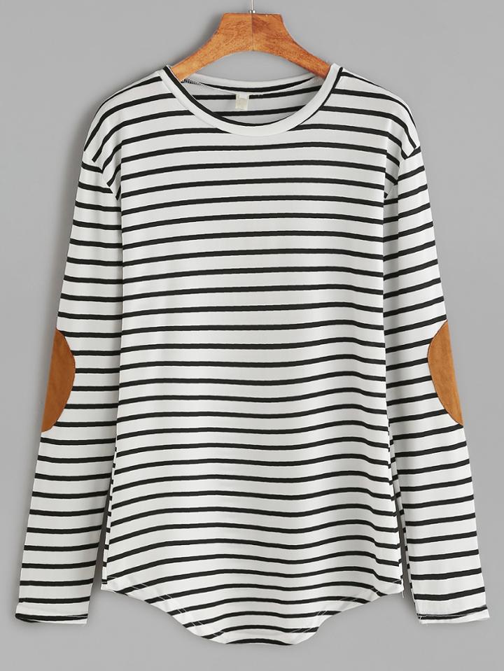 Romwe White Elbow Patch Striped T-shirt