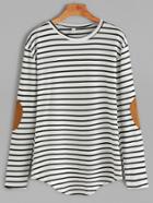 Romwe White Elbow Patch Striped T-shirt