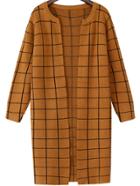 Romwe Plaid Long Khaki Coat