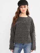 Romwe Fringe Detail Tweed Sweatshirt