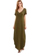 Romwe Olive Rolled-cuff Pockets Split Maxi Dress