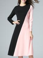 Romwe Black Contrast Pink Round Neck Long Sleeve Dress