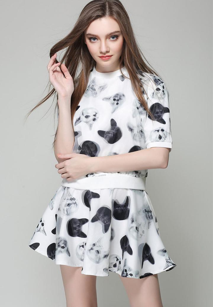 Romwe Short Sleeve Cat Print Top With Flare Skirt