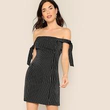 Romwe Bow Tie Detail Striped Off Shoulder Dress