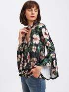 Romwe Choker Neck Trumpet Sleeve Floral Velvet Wrap Top