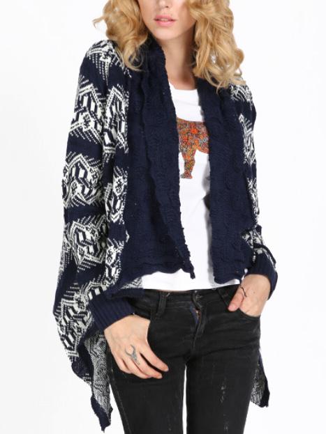 Romwe Geometric Print Asymmetrical Navy Coat