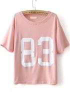 Romwe Pink Short Sleeve 83 Print Loose T-shirt