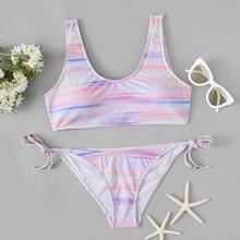 Romwe Random Pattern Scoop Neck Top With Self Tie Side Bikini