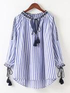 Romwe Vertical Striped Embroidery Tassel Tie High Low Blouse