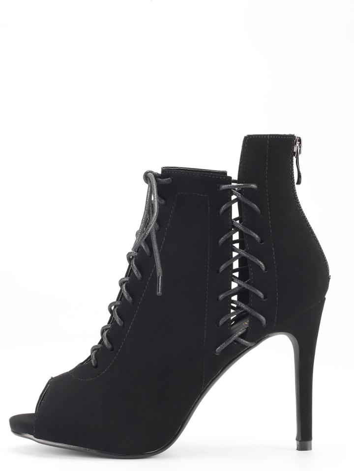 Romwe Black Peep Toe Lace Up Stiletto Heels