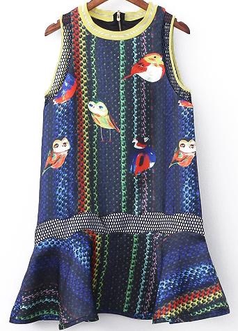 Romwe Bird Print Peplum Hem Tank Dress