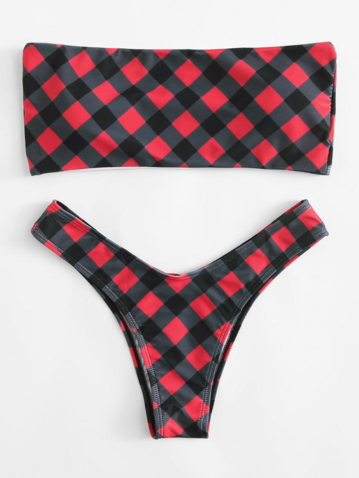 Romwe Plaid High Leg Bikini Set