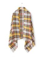 Romwe Yellow And Grey Plaid Frayed Trim Scarf