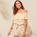 Romwe Off Shoulder Pompom Trim Striped Top