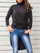 Romwe Deep V Neck High Low Black T-shirt