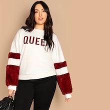 Romwe Plus Contrast Faux Fur Sleeve Lettering Pullover
