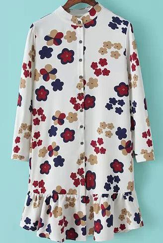 Romwe Flower Print With Buttons Peplum Hem White Dress