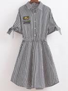 Romwe Black White Lapel Letters Embroidery Elastic Waist Stripe Dress