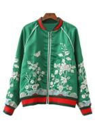 Romwe Green Long Sleeve Zipper Front Embroidery Jacket
