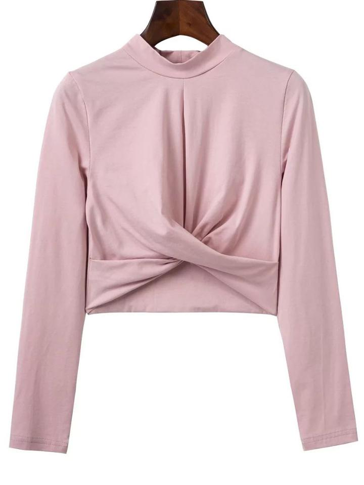 Romwe Pink Band Collar Overlap Front Crop T-shirt