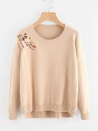 Romwe Floral Embroidered Dip Hem Knit Sweater