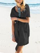 Romwe Black Self-tie Bat Sleeve Tunic Dress