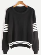 Romwe Black Striped Trim Dropped Shoulder Seam Sweater