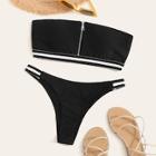 Romwe Striped Trim Zip-up Bandeau Bikini Set