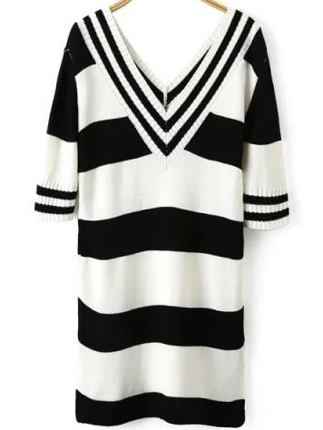 Romwe V Neck Striped Knit Black Dress